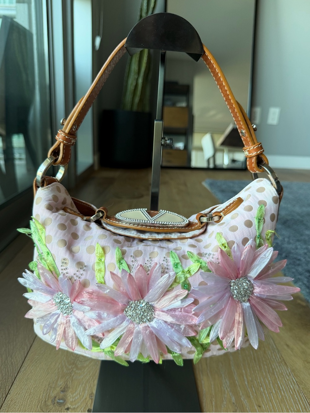 Valentino Vintage Pink Polka Dot Flower Accent Y2K Shoulder Bag